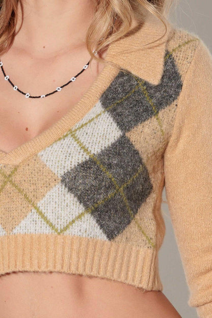 Beige Argyle Collared Sweater Top from PinkyBelles Shop