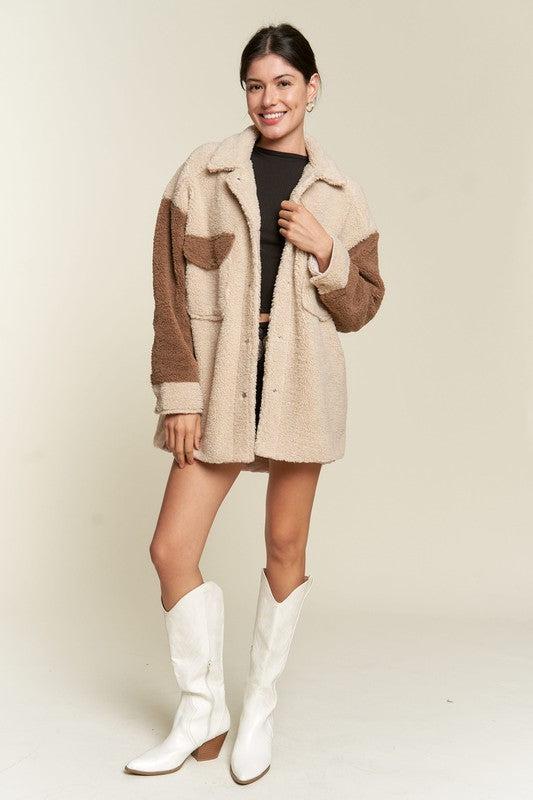 Beige Color Block Sherpa Jacket from PinkyBelles Shop