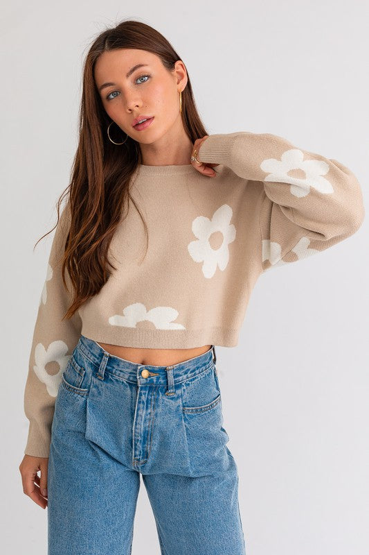 Beige Daisy Pattern Long Sleeve Crop Sweater from PinkyBelles Shop