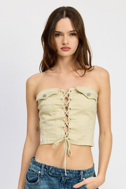 Beige Lace-Up Corset Tube Top from PinkyBelles Shop