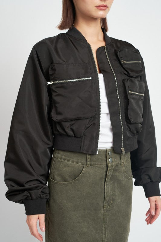 Black Cropped Bomber Jacket from PinkyBelles Shop