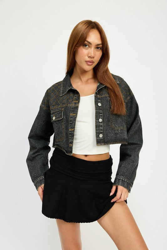 Black Embroidered Denim Crop Jacket from PinkyBelles Shop