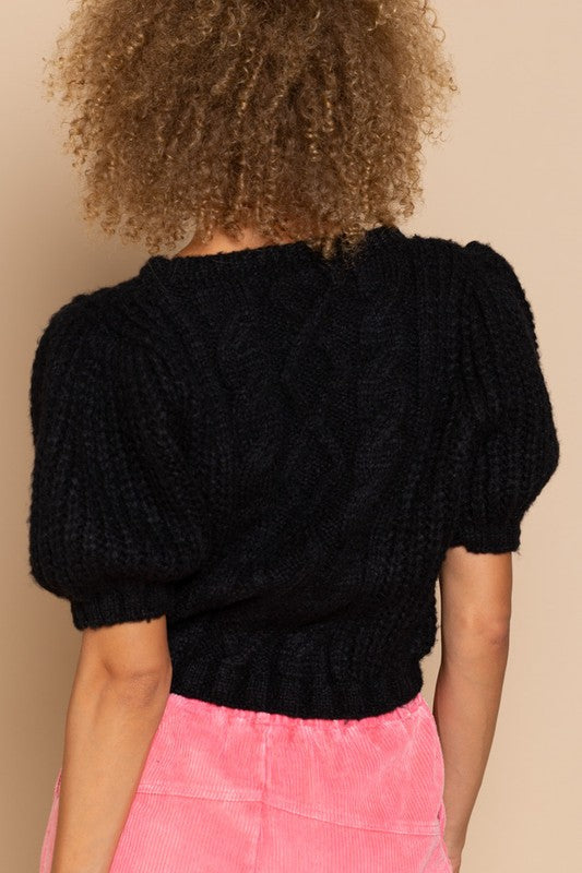 Black Puff Sleeve Cable Pullover Sweater from PinkyBelles Shop