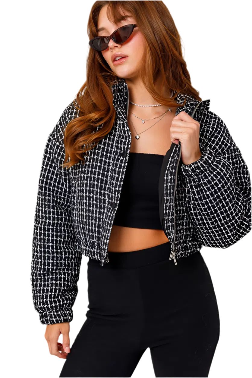 Black Tweed Crop Puffer Jacket from PinkyBelles Shop