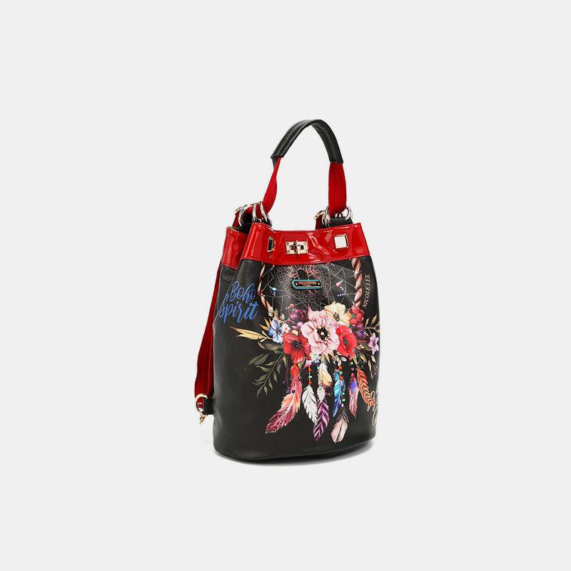 Bohemian Black Flower Print Backpack Bucket Bag from PinkyBelles Shop