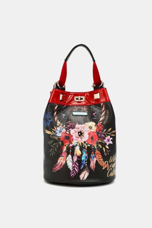 Bohemian Black Flower Print Backpack Bucket Bag from PinkyBelles Shop