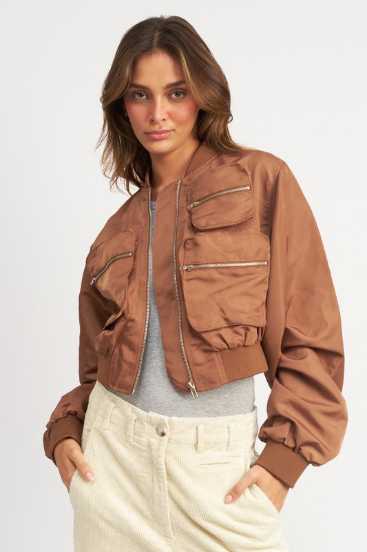 Brown Cropped Bomber Jacket from PinkyBelles Shop