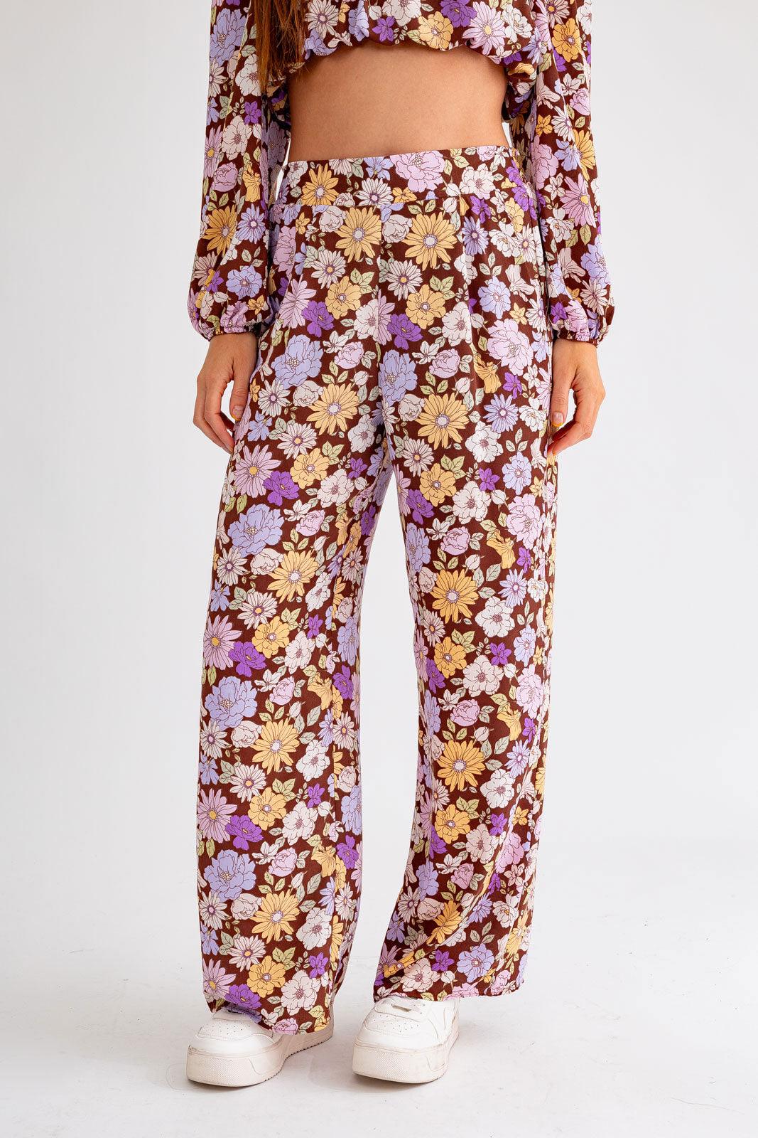 Brown Lilac Long Sleeve Crop Top and Wide Leg Pants Set from PinkyBelles Shop