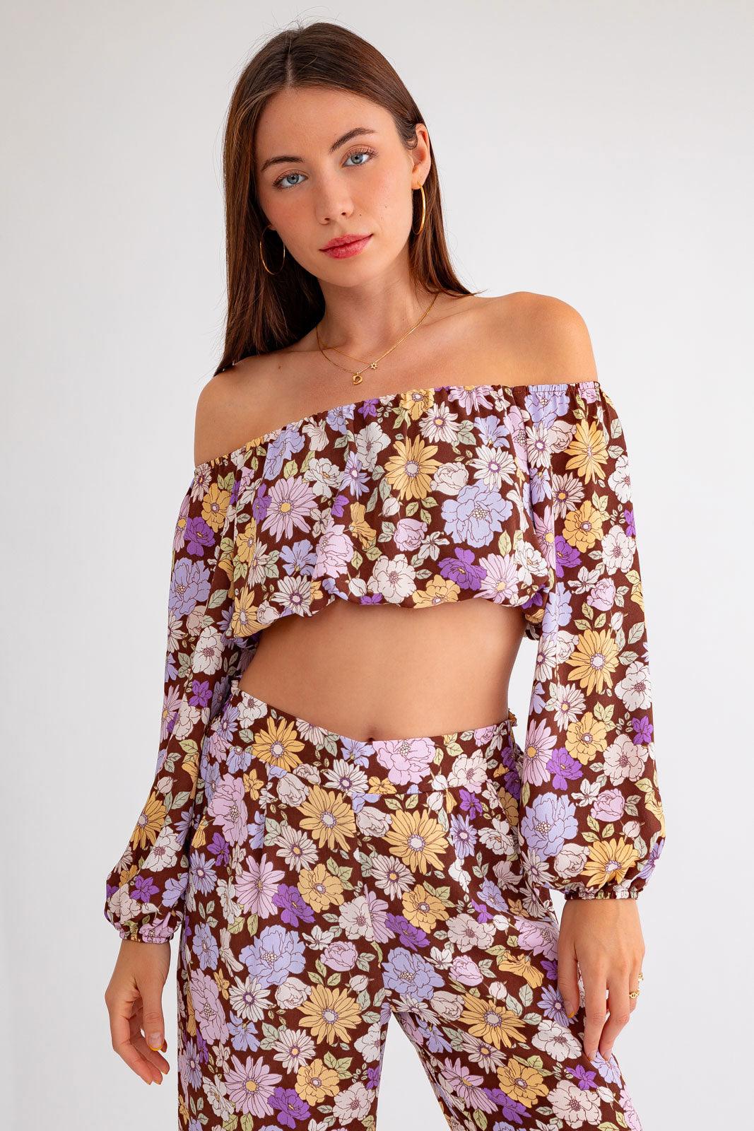 Brown Lilac Long Sleeve Crop Top and Wide Leg Pants Set from PinkyBelles Shop