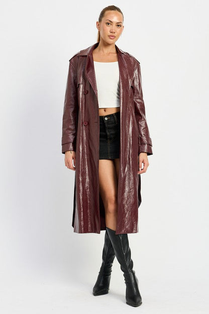 Burgundy Faux Leather Midi Trench Coat from PinkyBelles Shop