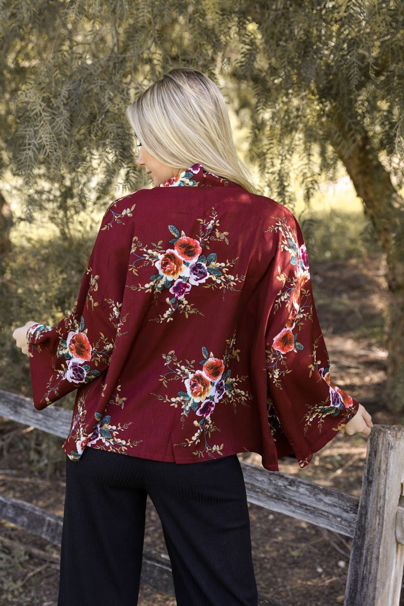 Burgundy Floral Rose Print Kimono Blazer from PinkyBelles Shop