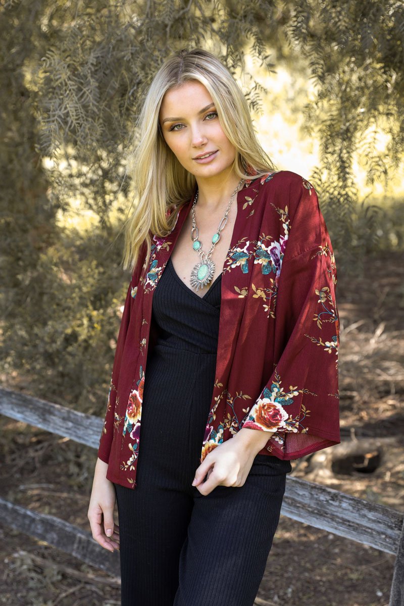 Burgundy Floral Rose Print Kimono Blazer from PinkyBelles Shop