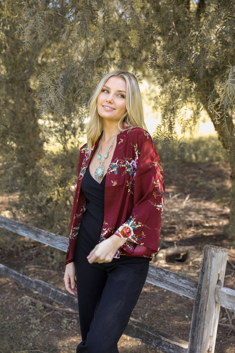 Burgundy Floral Rose Print Kimono Blazer from PinkyBelles Shop