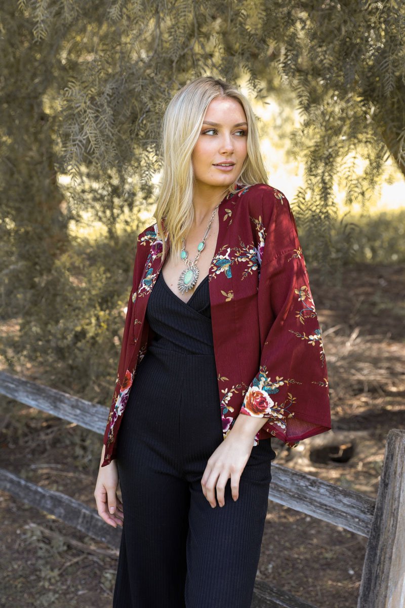 Burgundy Floral Rose Print Kimono Blazer from PinkyBelles Shop