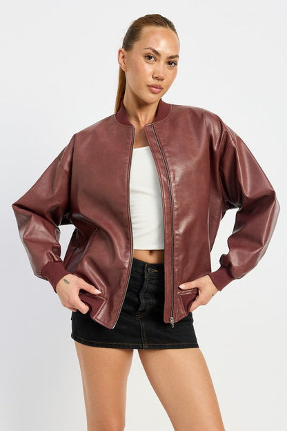 Burgundy Vintage Leather Bomber Jacket from PinkyBelles Shop