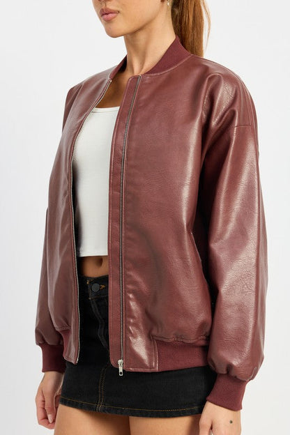 Burgundy Vintage Leather Bomber Jacket from PinkyBelles Shop