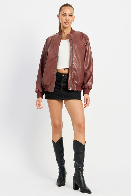 Burgundy Vintage Leather Bomber Jacket from PinkyBelles Shop