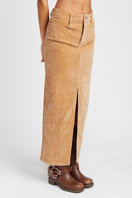 Camel Front Slit Corduroy Maxi Skirt from PinkyBelles Shop