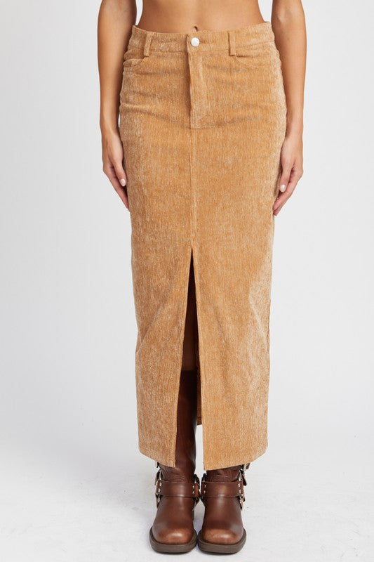 Camel Front Slit Corduroy Maxi Skirt from PinkyBelles Shop