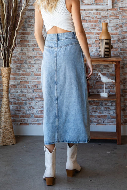 Denim Front Slit Mid-Rise Waist Denim Midi Skirt from PinkyBelles Shop