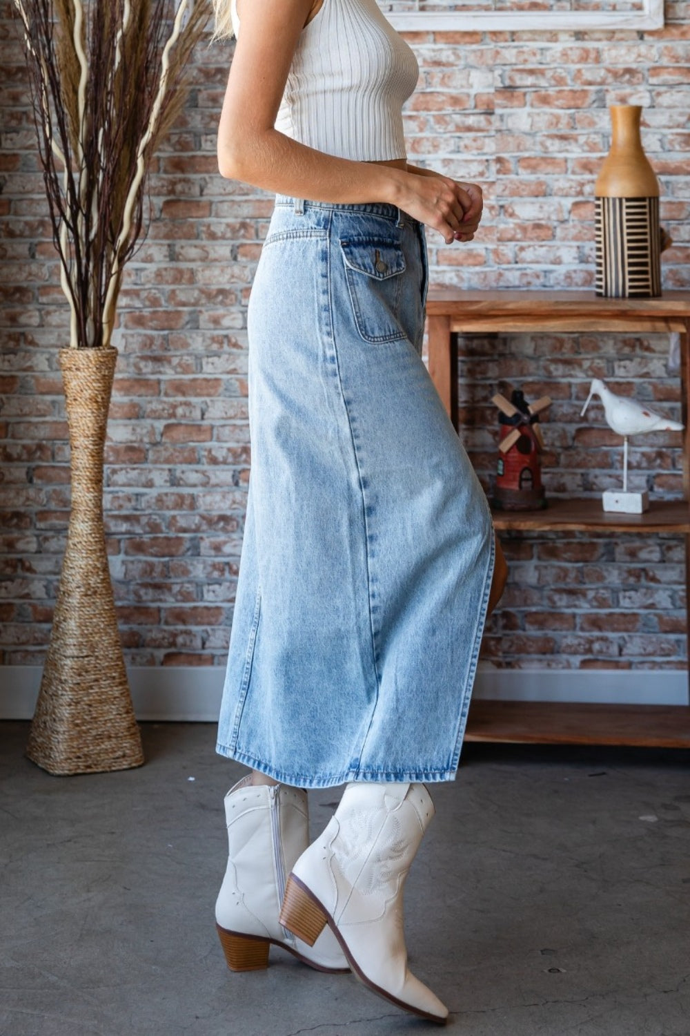 Denim Front Slit Mid-Rise Waist Denim Midi Skirt from PinkyBelles Shop