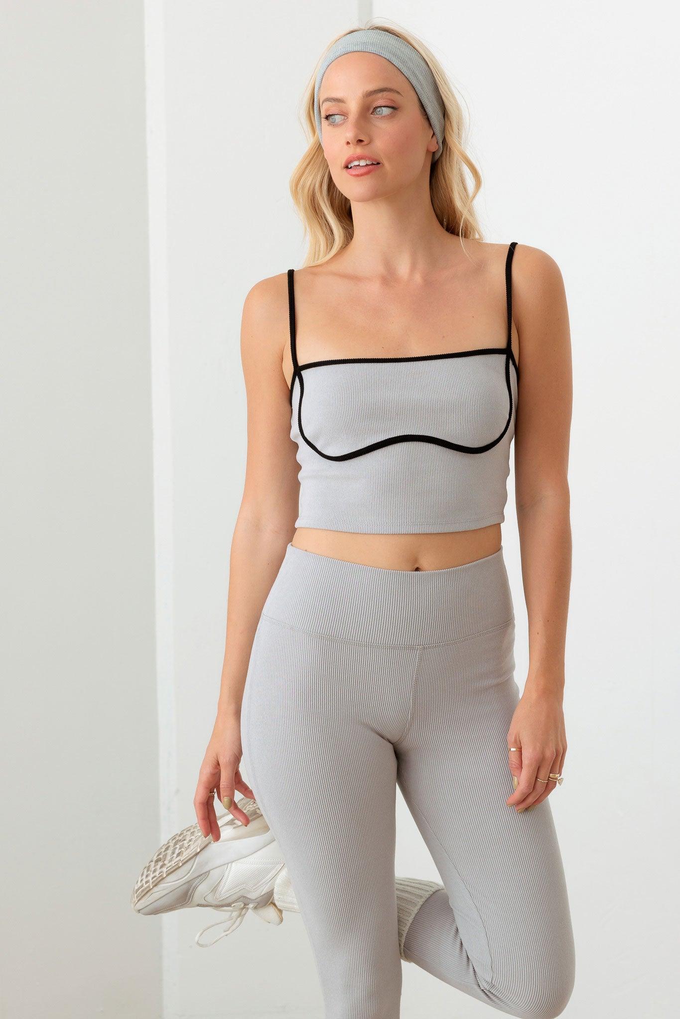 Gray Contrast Crop Top and High Waist Leggings Set from PinkyBelles Shop