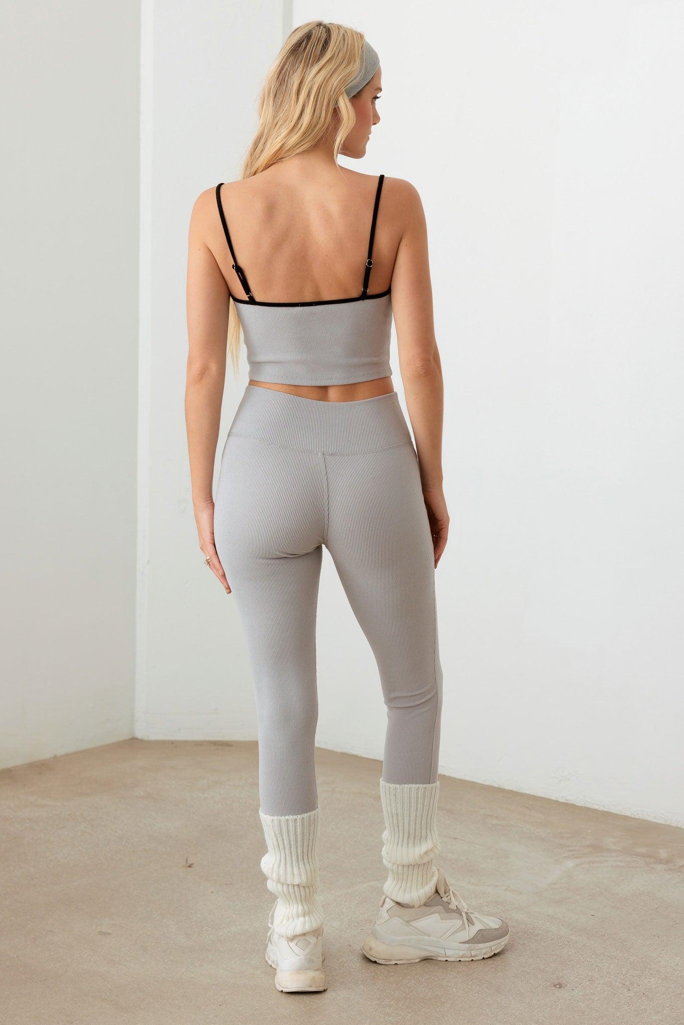 Gray Contrast Crop Top and High Waist Leggings Set from PinkyBelles Shop