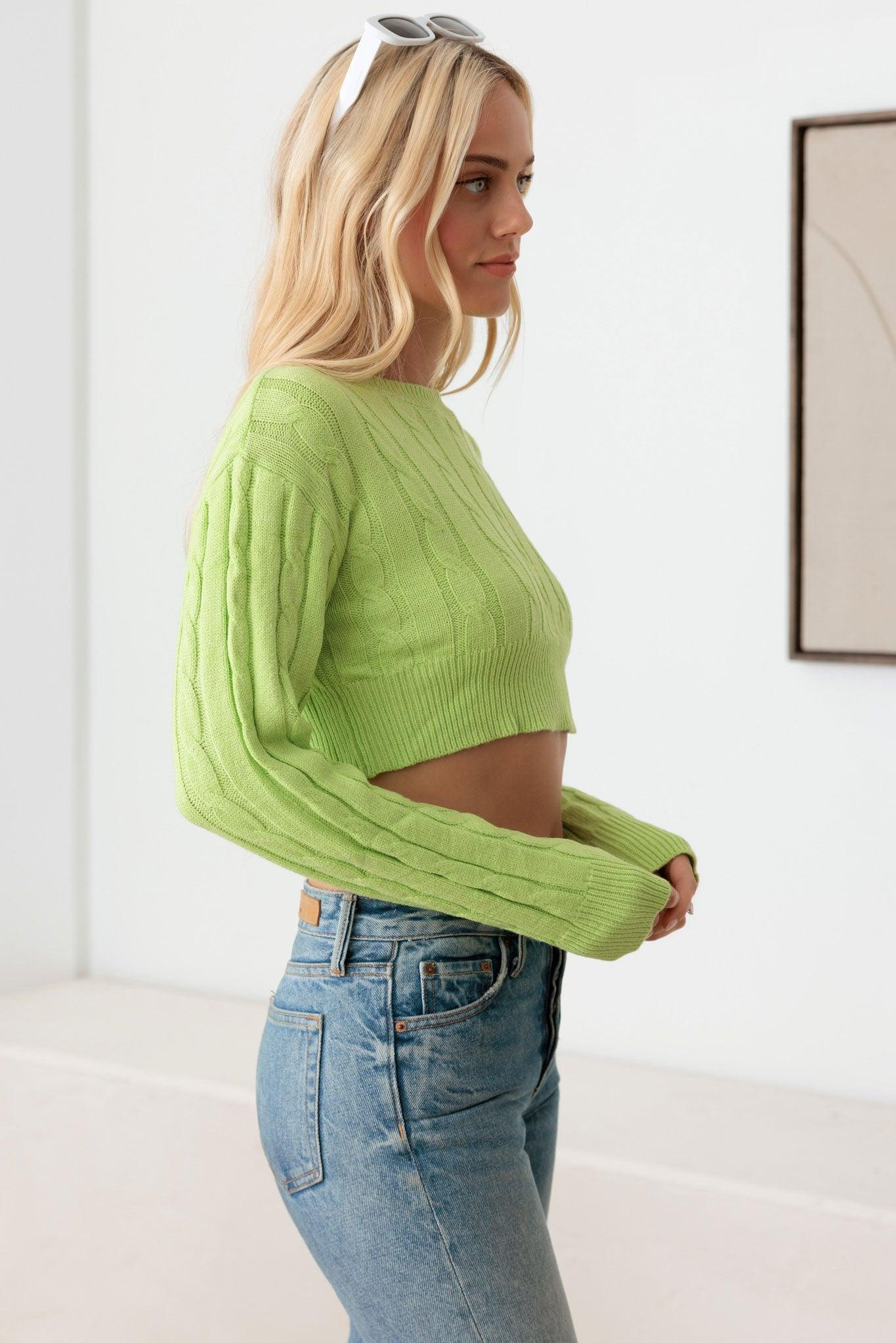 Green Cable Pattern Long Sleeve Crop Sweater Top from PinkyBelles Shop