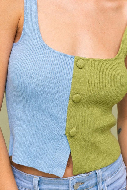 Green/Blue Color Block Button Front Sweater Top from PinkyBelles Shop