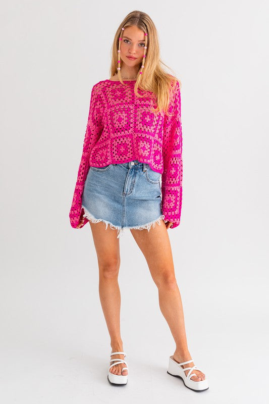 Hot Pink Square Blocks Crochet Sweater Top from PinkyBelles Shop