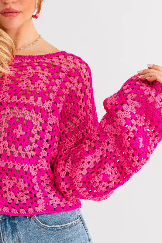 Hot Pink Square Blocks Crochet Sweater Top from PinkyBelles Shop