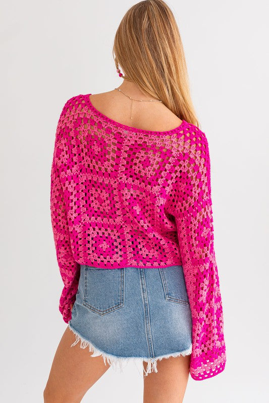 Hot Pink Square Blocks Crochet Sweater Top from PinkyBelles Shop