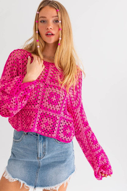 Hot Pink Square Blocks Crochet Sweater Top from PinkyBelles Shop