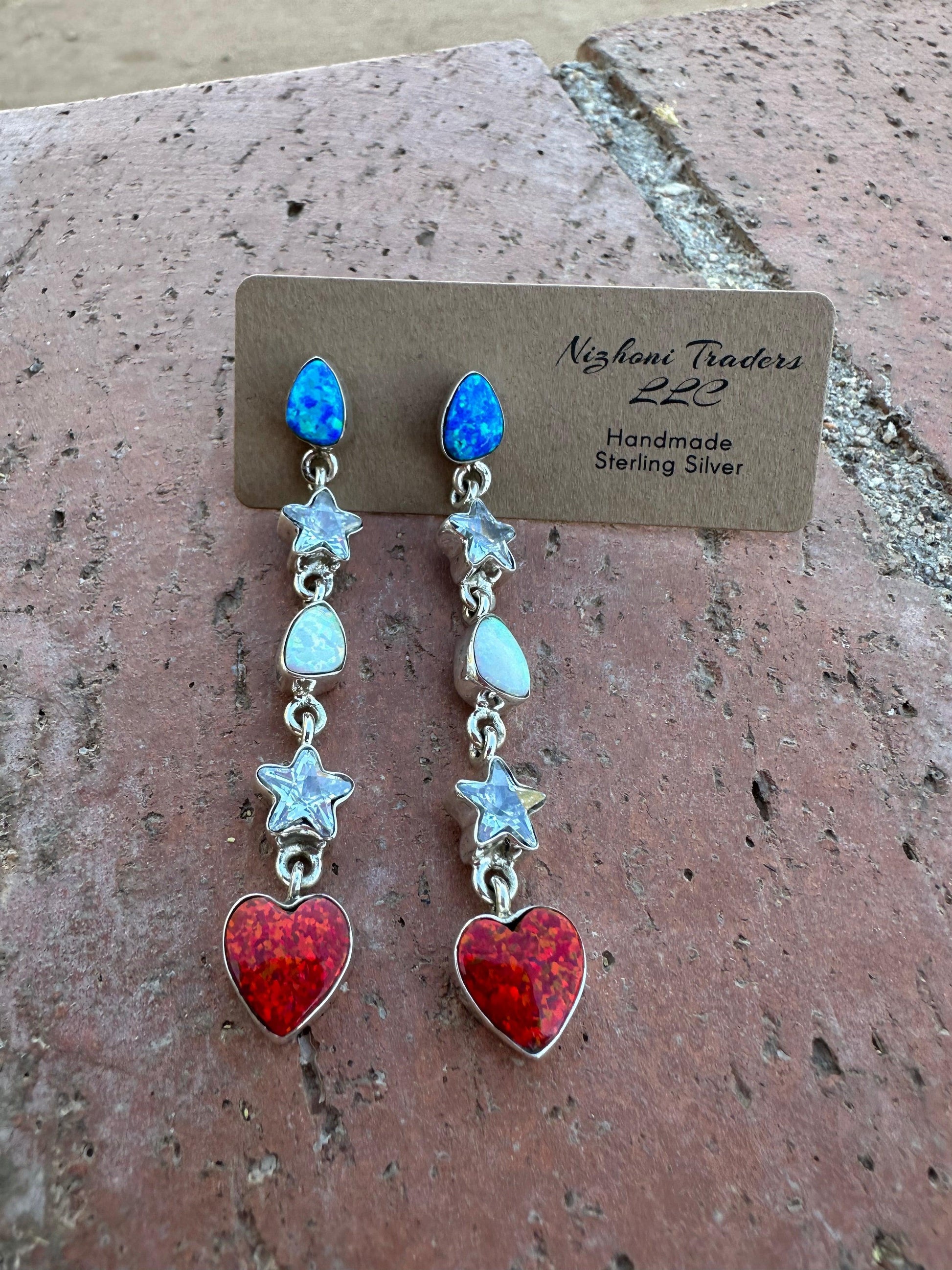 Multicolor Red, White , Blue Fire Opal Stars and Heart-shaped Drops Dangle Earrings from PinkyBelles Shop