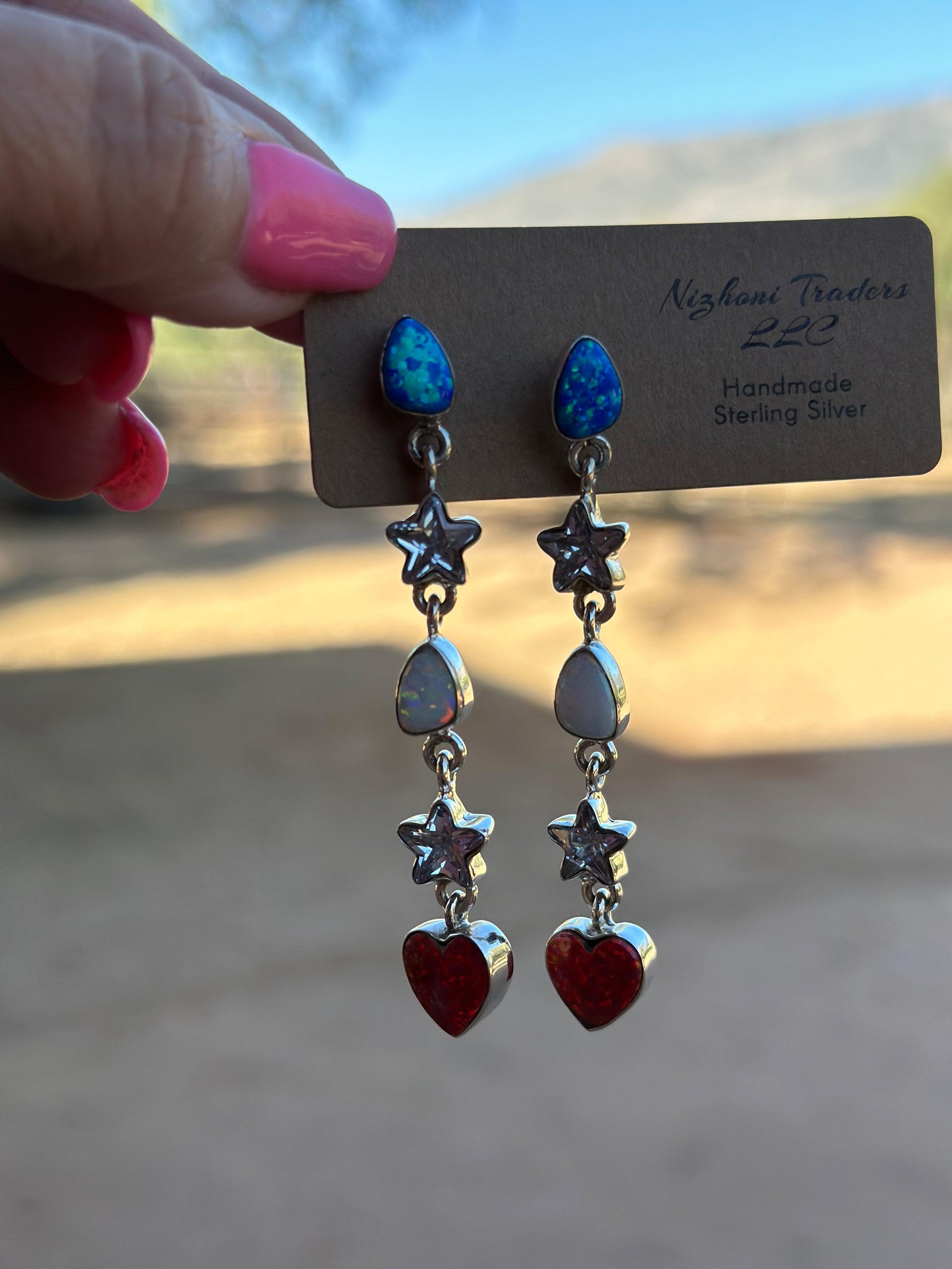 Multicolor Red, White , Blue Fire Opal Stars and Heart-shaped Drops Dangle Earrings from PinkyBelles Shop