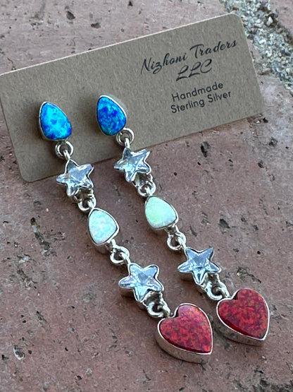 Multicolor Red, White , Blue Fire Opal Stars and Heart-shaped Drops Dangle Earrings from PinkyBelles Shop