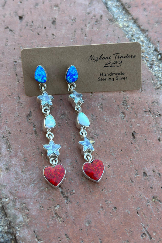 Multicolor Red, White , Blue Fire Opal Stars and Heart-shaped Drops Dangle Earrings from PinkyBelles Shop