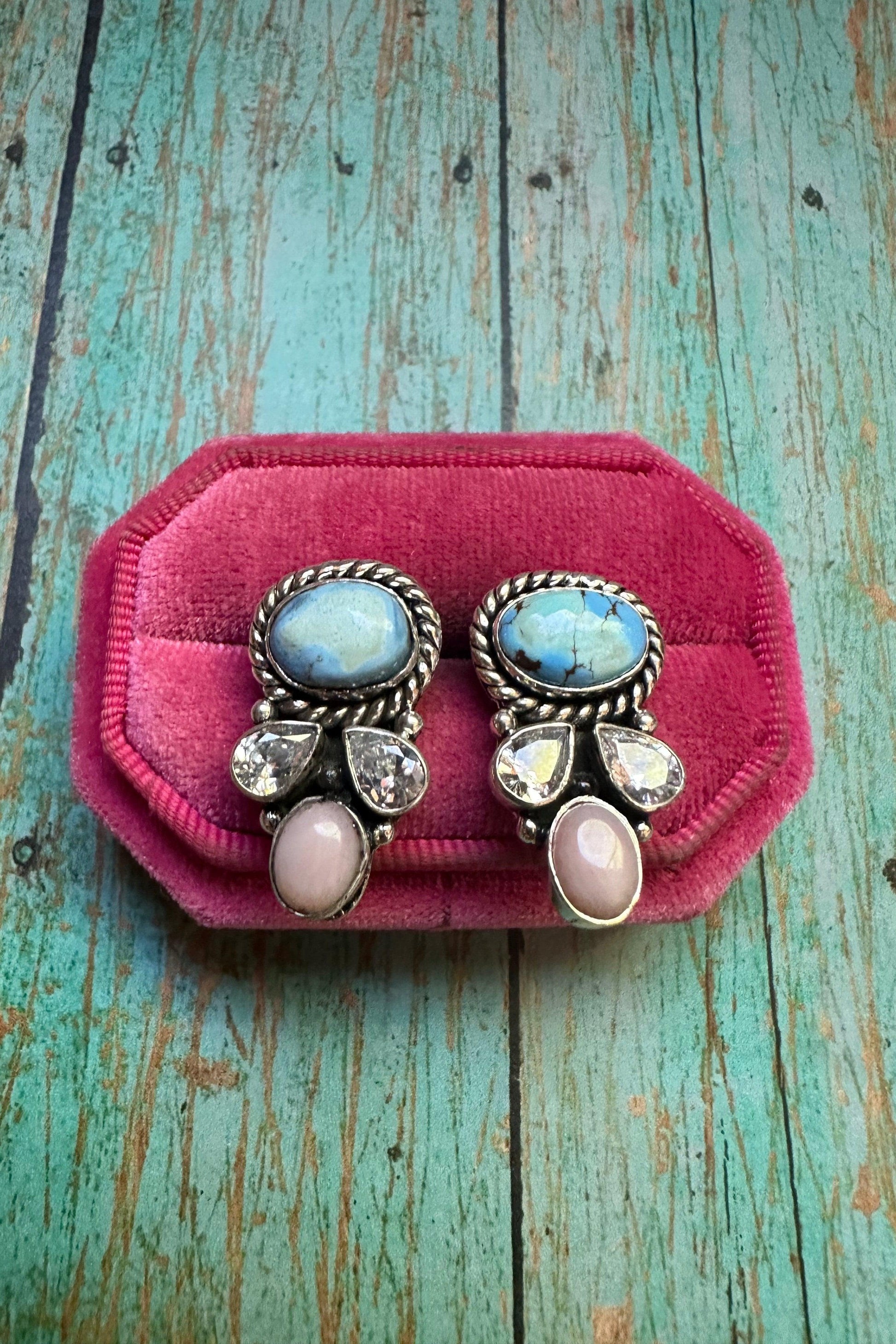 Multicolor Turquoise, Pink Conch, Cubic Zirconia Dangle Earrings from PinkyBelles Shop