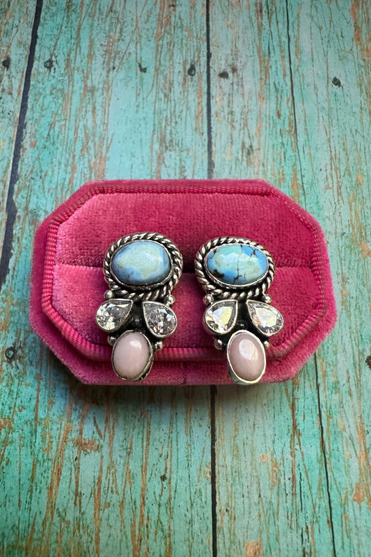 Multicolor Turquoise, Pink Conch, Cubic Zirconia Dangle Earrings from PinkyBelles Shop