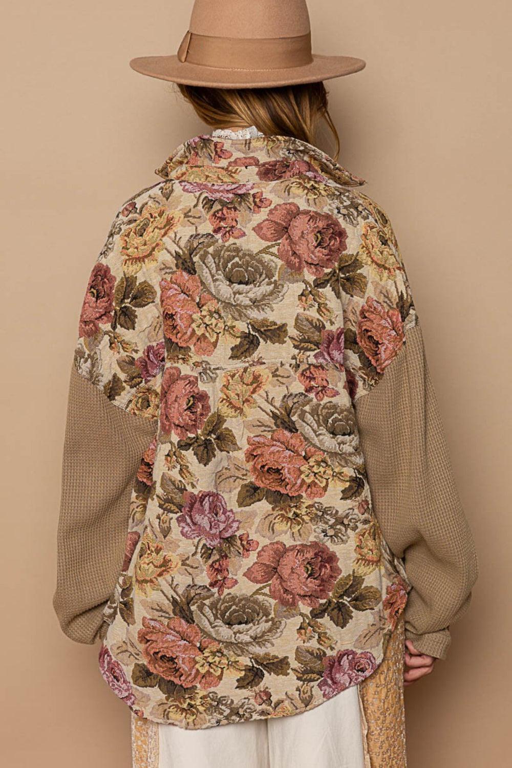 Olive Brown Floral Contrast Jacquard Shacket from PinkyBelles Shop