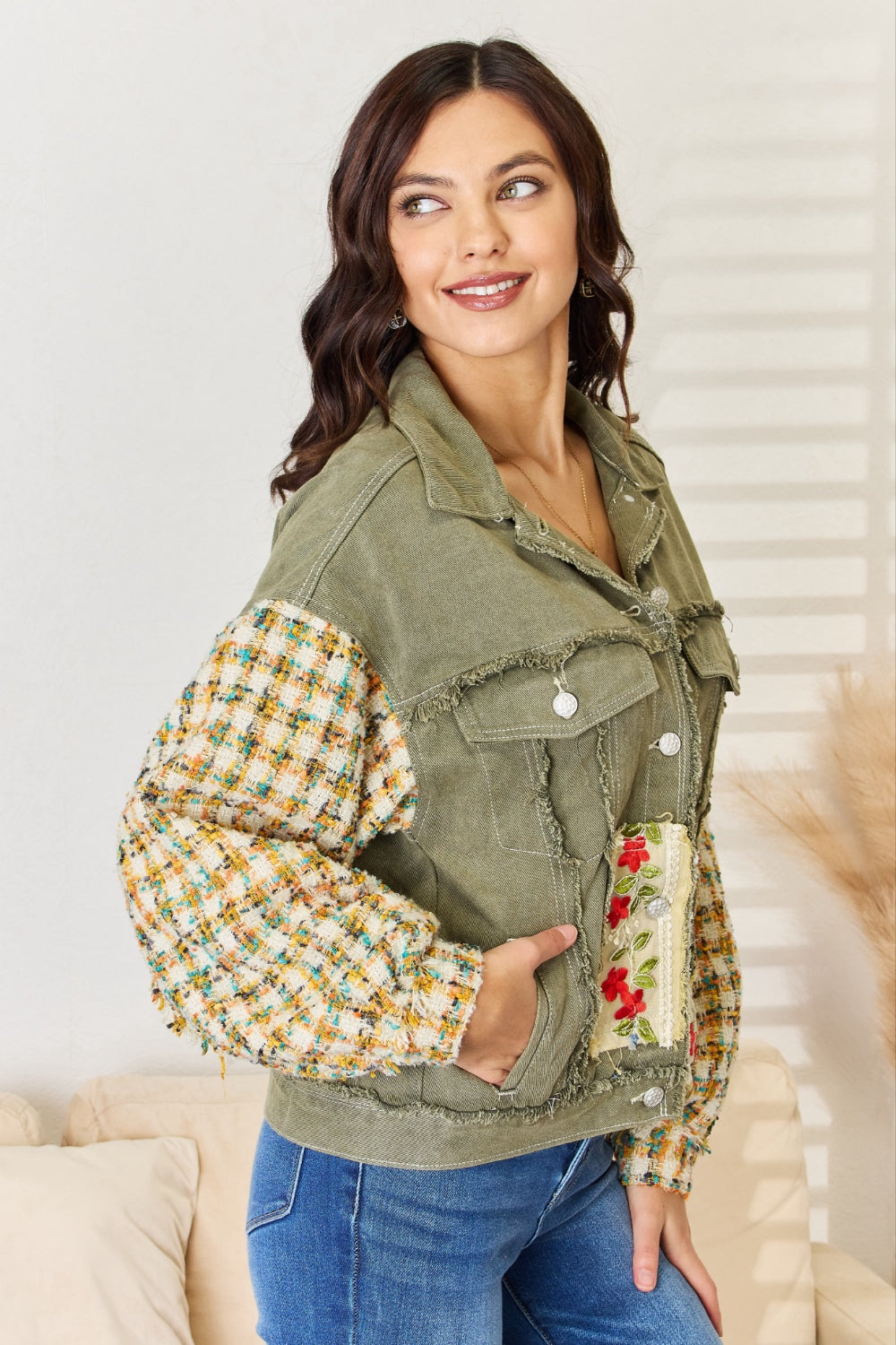 Olive Embroidered Patch Button Down Raw Hem Shacket from PinkyBelles Shop