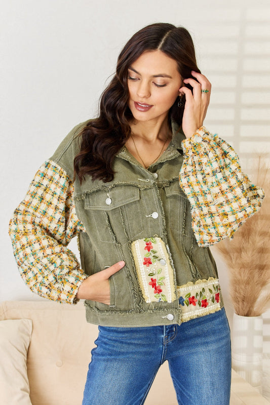 Olive Embroidered Patch Button Down Raw Hem Shacket from PinkyBelles Shop