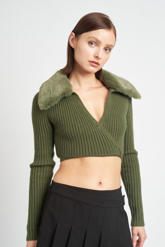 Olive Faux Fur Collar Sweater from PinkyBelles Shop