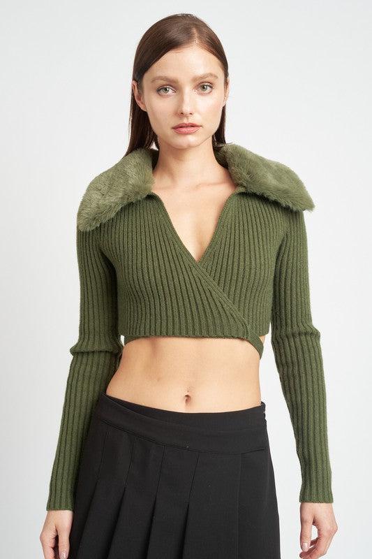 Olive Faux Fur Collar Sweater from PinkyBelles Shop