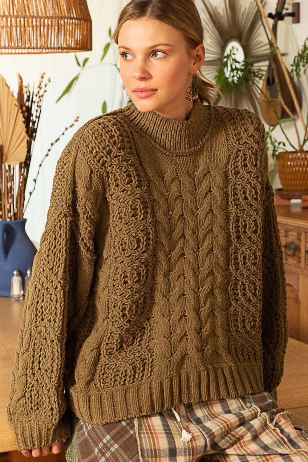 Olive Mock Neck Cable Knit Sweater from PinkyBelles Shop