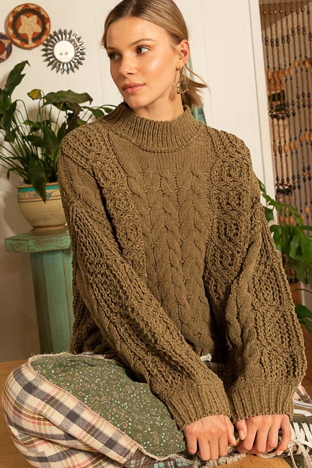 Olive Mock Neck Cable Knit Sweater from PinkyBelles Shop