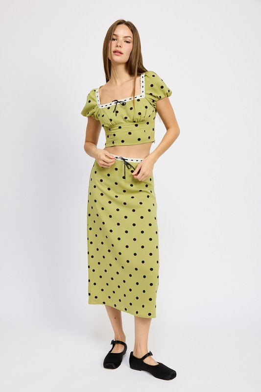 Olive Polka Dot Top and Midi Skirt Set from PinkyBelles Shop