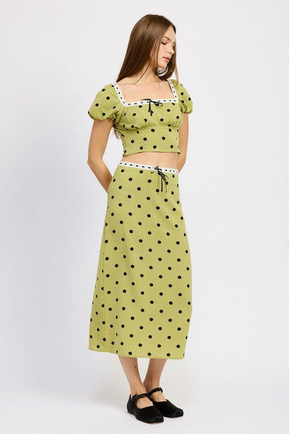 Olive Polka Dot Top and Midi Skirt Set from PinkyBelles Shop