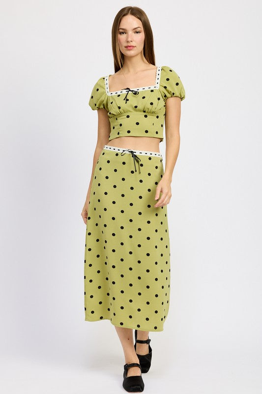 Olive Polka Dot Top and Midi Skirt Set from PinkyBelles Shop