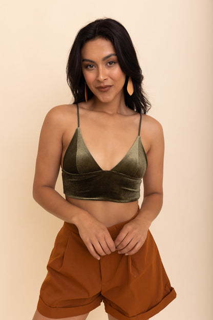 Olive Velvet V-Neck Crop Top from PinkyBelles Shop